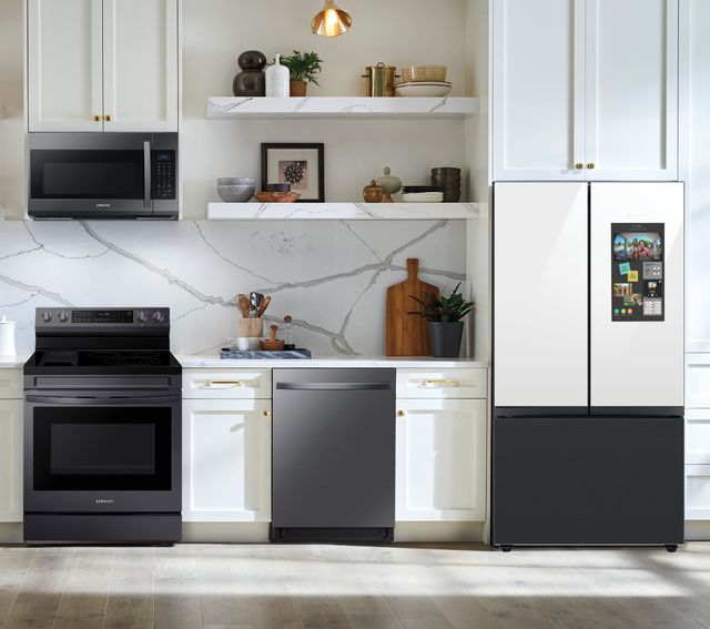 Samsung 4 Pc Kitchen Package with a 30 cu. ft. Smart BESPOKE 3-Door French Door Family Hub Refrigerator with Beverage Center PLUS FREE 10pc Luxury Cookware ($800 Value!)