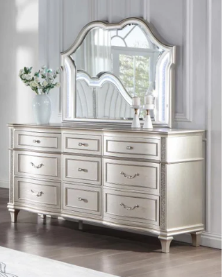 silver traditional style dresser with silver mirror