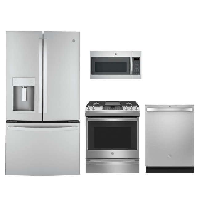 GE 4pc Appliance Package - 22.1 Cu. Ft.  Counter-Depth French-Door Fridge and Smart Slide-In Convection Gas Range with Air Fry