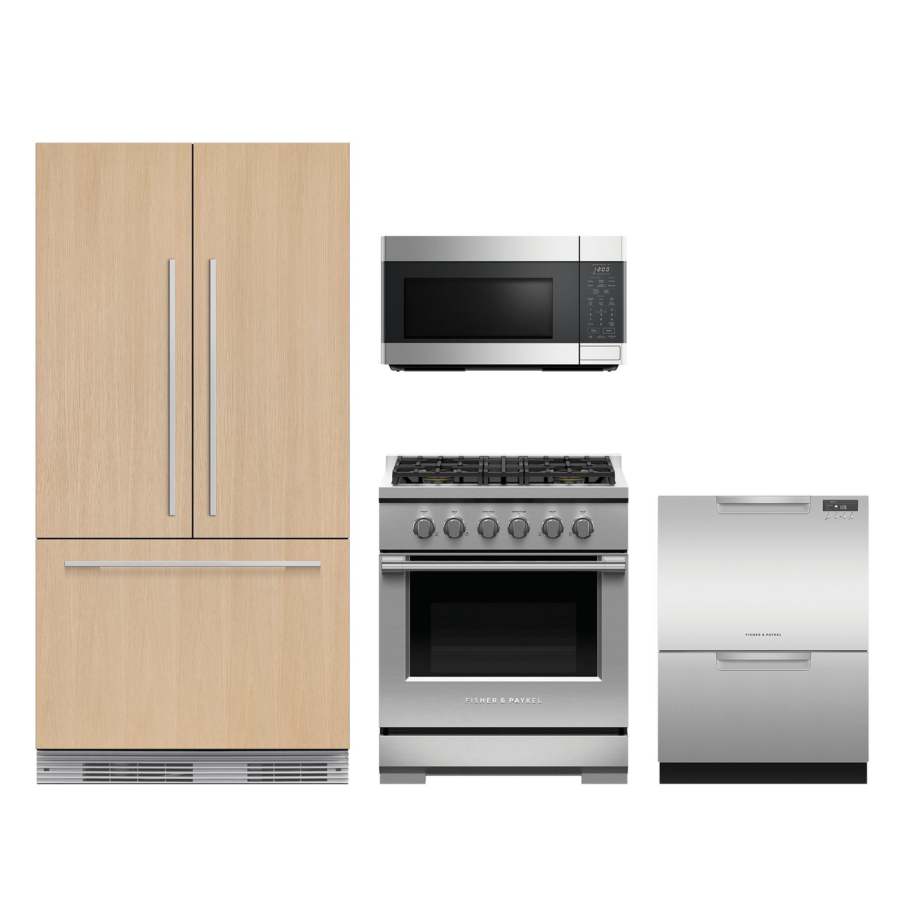 Fisher & Paykel 4pc Smart Appliance Package - 16.8 cu.ft. Panel-Ready Counter-Depth French Door Fridge and Professional Gas Slide-In Range