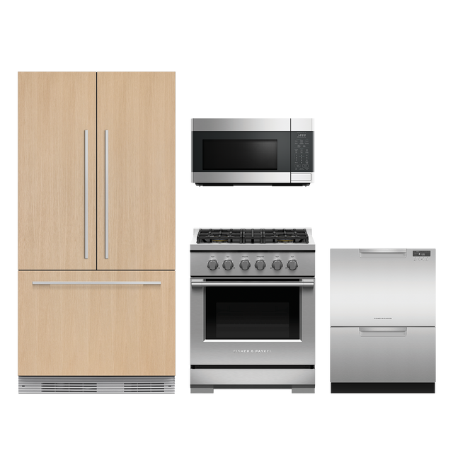 Fisher & Paykel 4pc Smart Appliance Package - 16.8 cu.ft. Panel-Ready Counter-Depth French Door Fridge and Professional Gas Slide-In Range-0