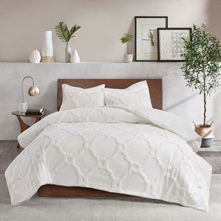 Olliix by Madison Park White Full/Queen Pacey 3 Piece Tufted Cotton Chenille Geometric Duvet Cover Set