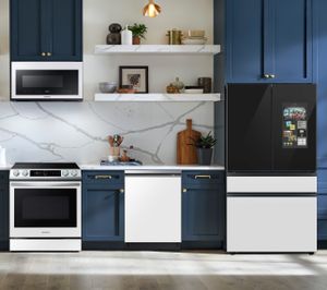 Samsung 4-Piece Package with Bespoke 23 Cu. Ft. Charcoal Glass/Custom Panel Ready French Door Refrigerator with Family Hub™ PLUS a FREE $300 Furniture Gift Card!