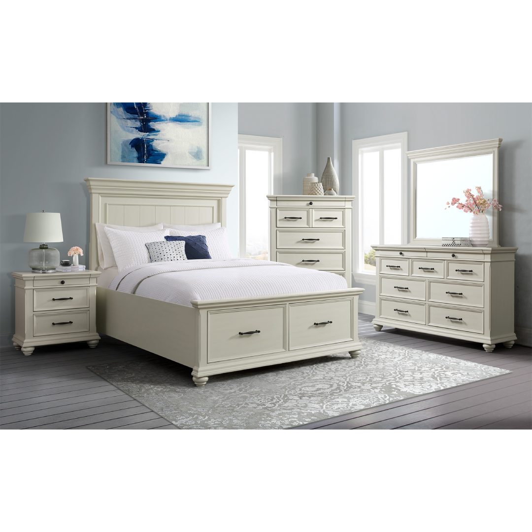 Elements Slater White King Storage Bed, Dresser, Mirror & Nightstand