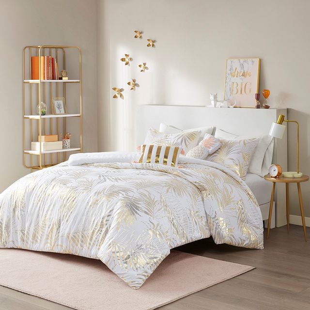 Olliix By Intelligent Design Kailani Gold Fullqueen Tropical Metallic Printed Comforter Set 0581