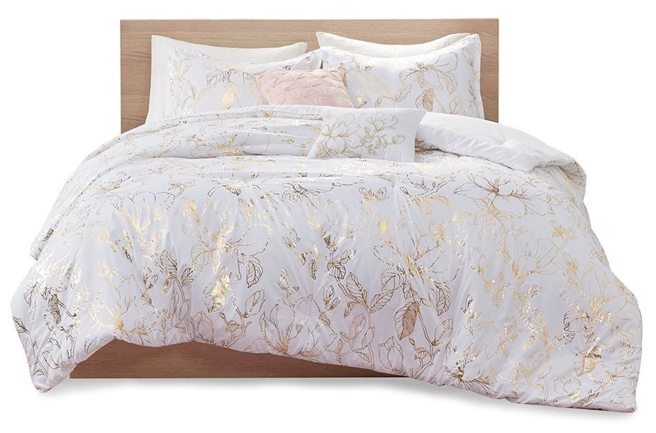 Olliix By Intelligent Design Magnolia Gold Fullqueen Metallic Printed Floral Comforter Set 8187