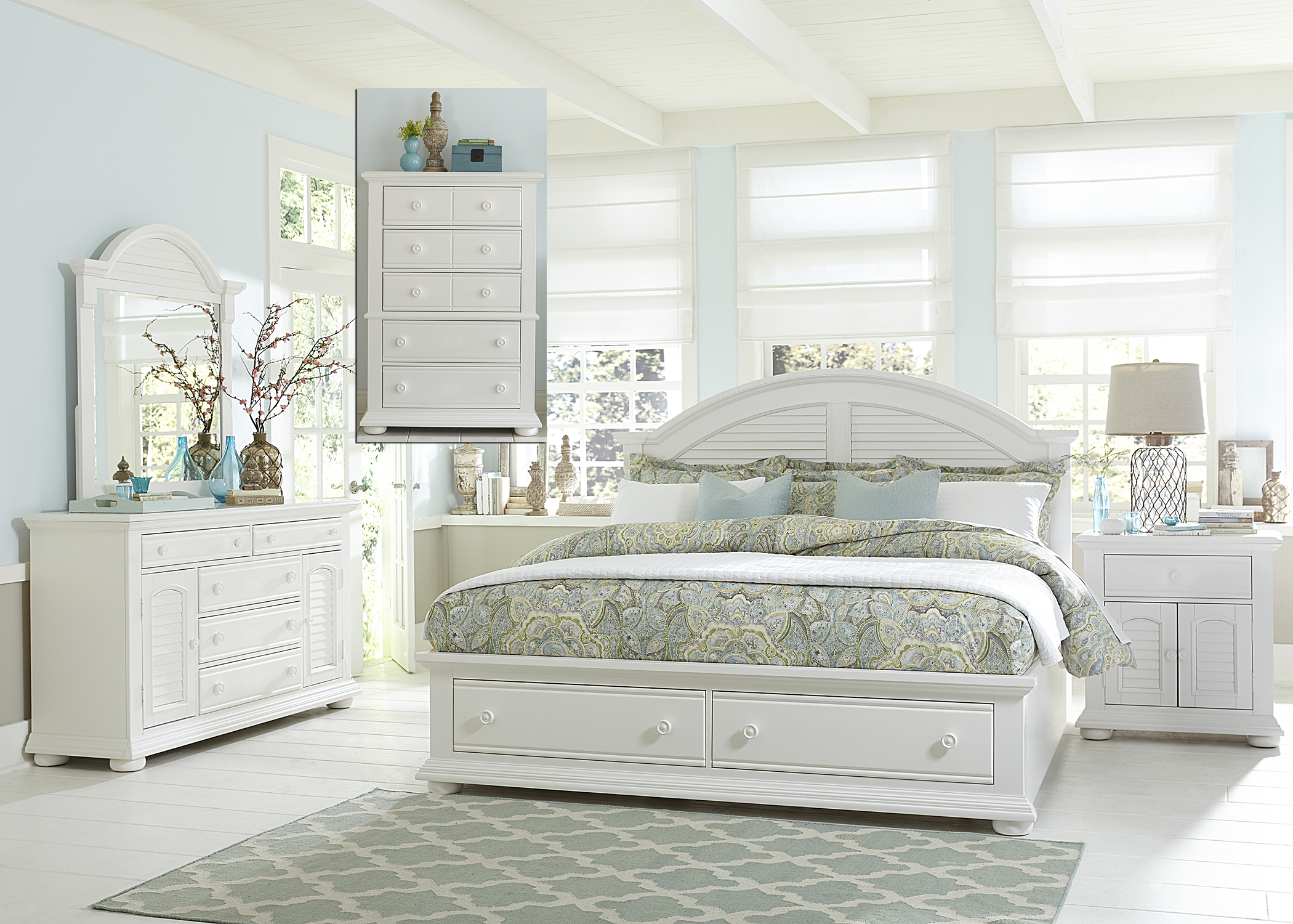 Liberty Furniture Summer House l Bedroom King Storage Bed, Dresser, Mirror, Chest and Night Stand Collection