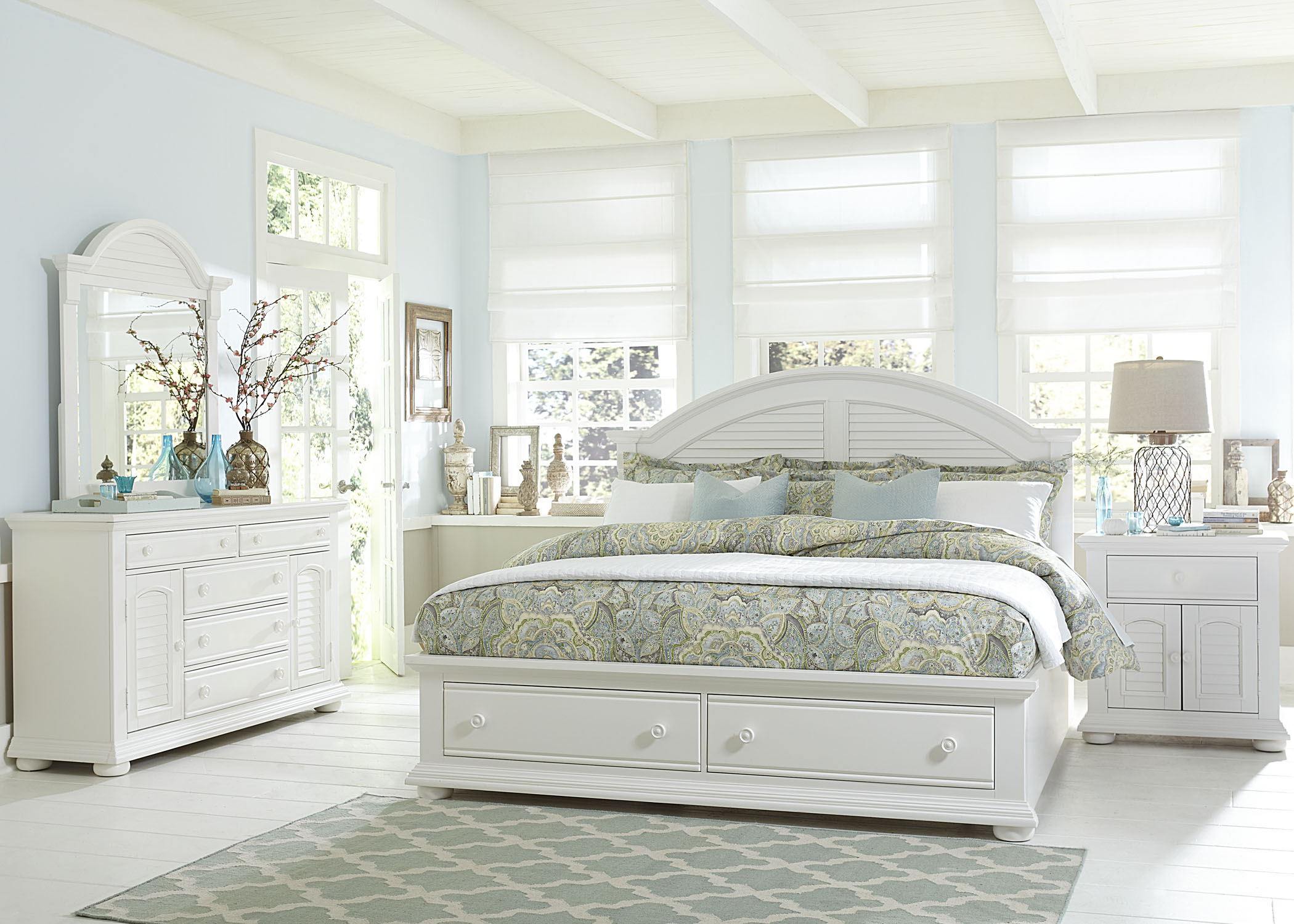 Liberty Furniture Summer House l Bedroom King Storage Bed, Dresser, Mirror and Night Stand Collection
