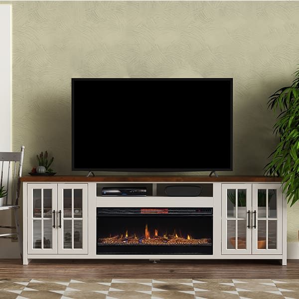 Legends Furniture Inc. Hampton Barnwood with Jasmin White Super Fireplace Console 1