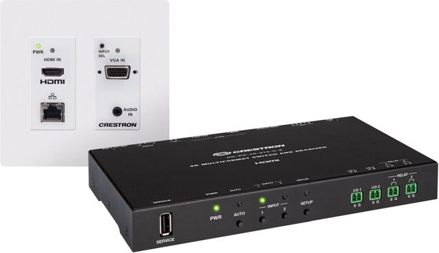 Crestron® White 4K 3x1 Scaling Auto-Switcher and DM Lite® Wall Plate Extender over CATx Cable