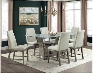 Elements International Dapper Grey/Glass Dining Table With 6 Chairs Set