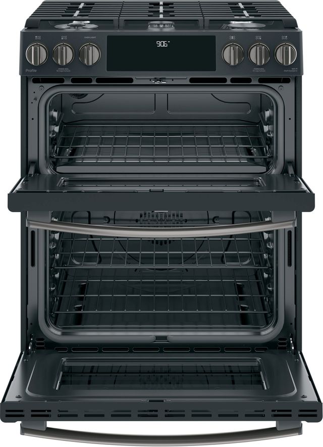 GE Profile™ 30" Black Slate Slide-In Front Control Gas Double Oven Convection Range 1