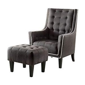 ACME Furniture Ophelia Black Linen Chair with Ottoman