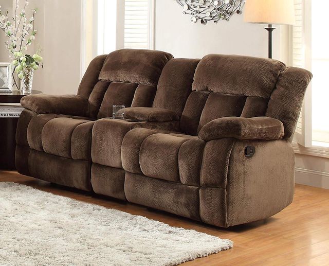 Homelegance® Laurelton Chocolate Double Reclining Glider Loveseat with Center Console 1