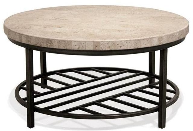 Riverside Furniture Capri Alabaster Travertine Stone Top Round Coffee Table with Black Base