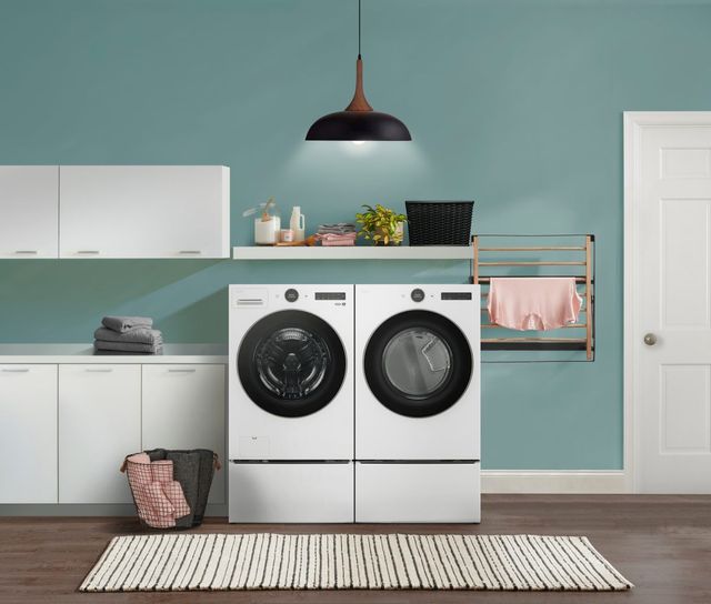LG 5500 Series White Front Load Washer & Gas Dryer Package w/ Pedestals