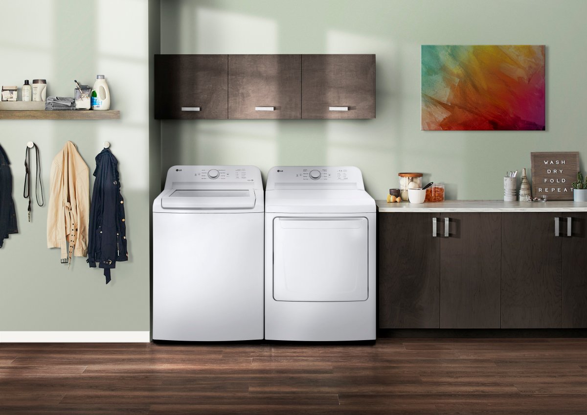 White LG washer and dryer in a laundry room