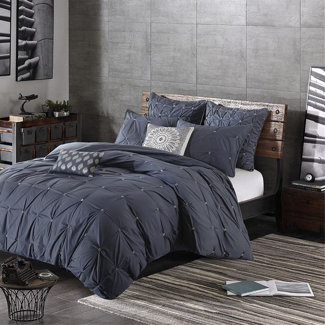 Olliix by INK+IVY 3 Piece Navy Full/Queen Masie Elastic Embroidered Cotton Duvet Cover Set-2