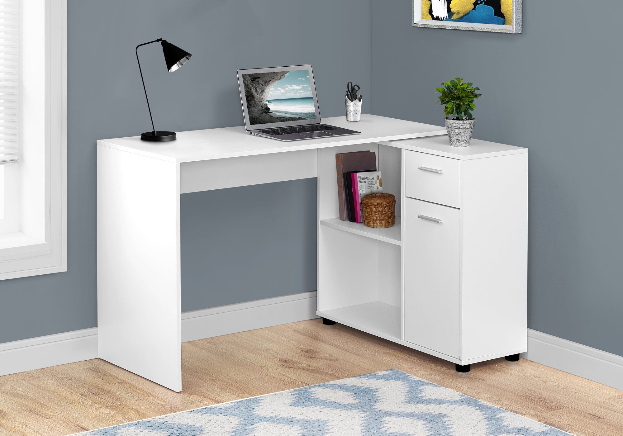 White laminate online desk with drawers