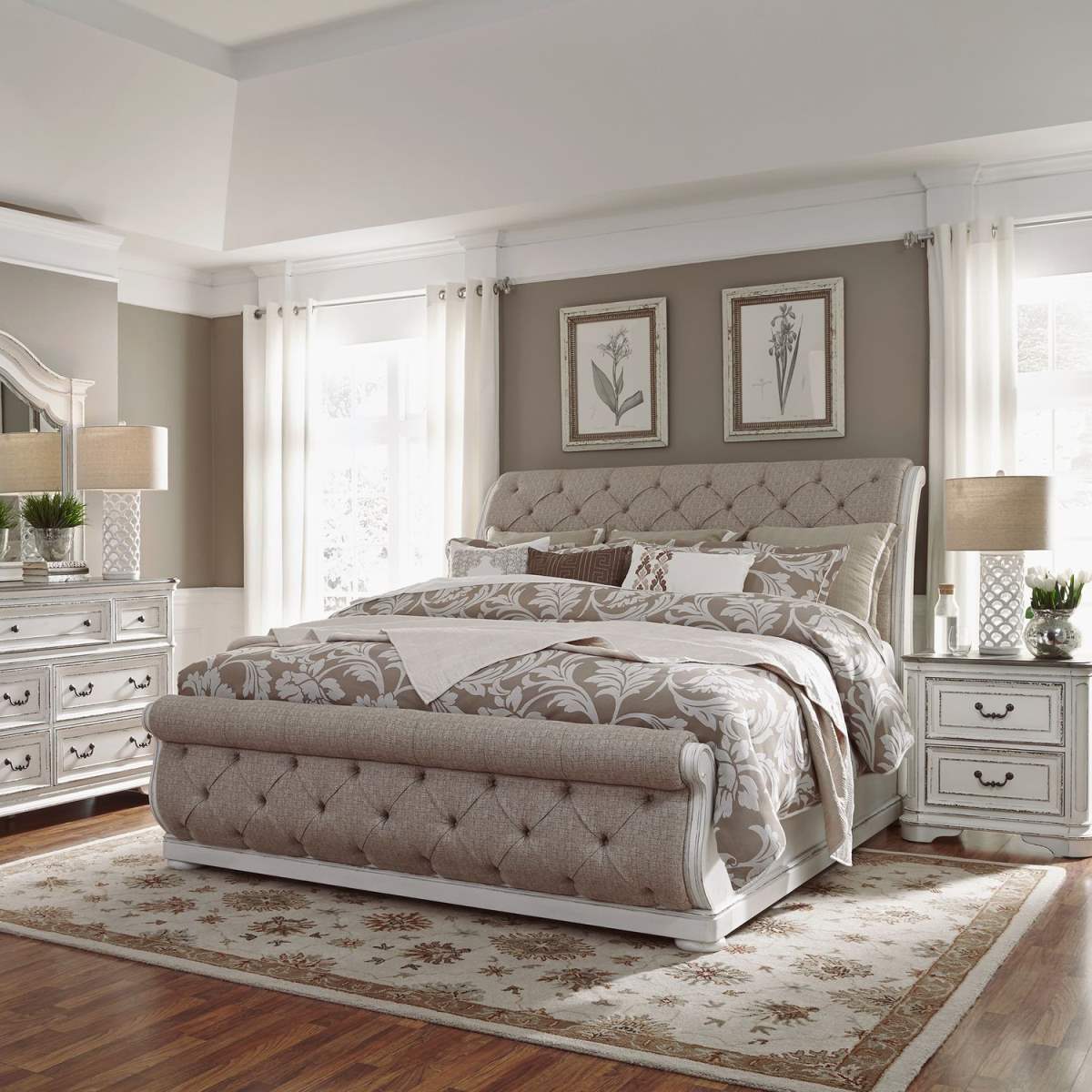 Liberty Magnolia Manor King Upholstered Sleigh Bed, Dresser, Mirror & Nightstand