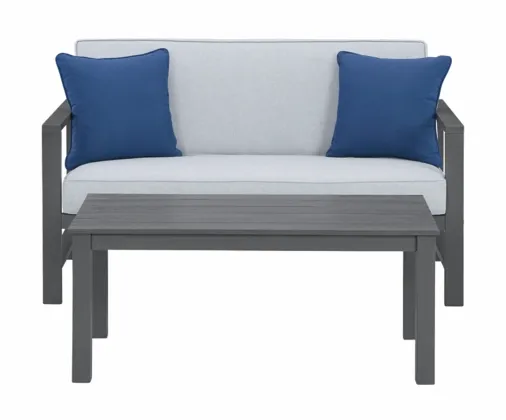 Fynnegan Gray Outdoor Loveseat with Table Set 0