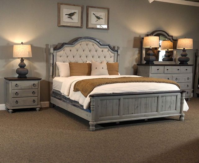 Rustic Imports Lenox King Upholstered Bed, Dresser, Mirror and