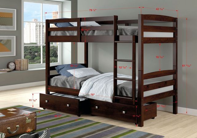 Donco Trading Company Twin Over Twin Devon Bunk Bed With Dual Under Bed Drawers-1