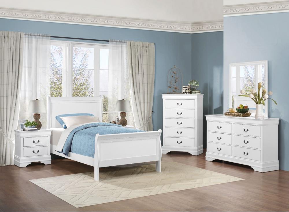 Homelegance Mayville White Youth Full Sleigh Bed, Dresser, Mirror and Nightstand