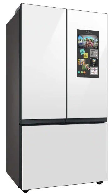Samsung Bespoke 36 Inch Freestanding French Door Smart White Glass Refrigerator with 30 cu. ft. Total Capacity, Family Hub™ With White Glass Panel
