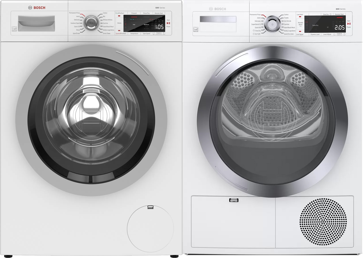 Bosch 500 Series White Front Load Laundry Pair Maple Appliance