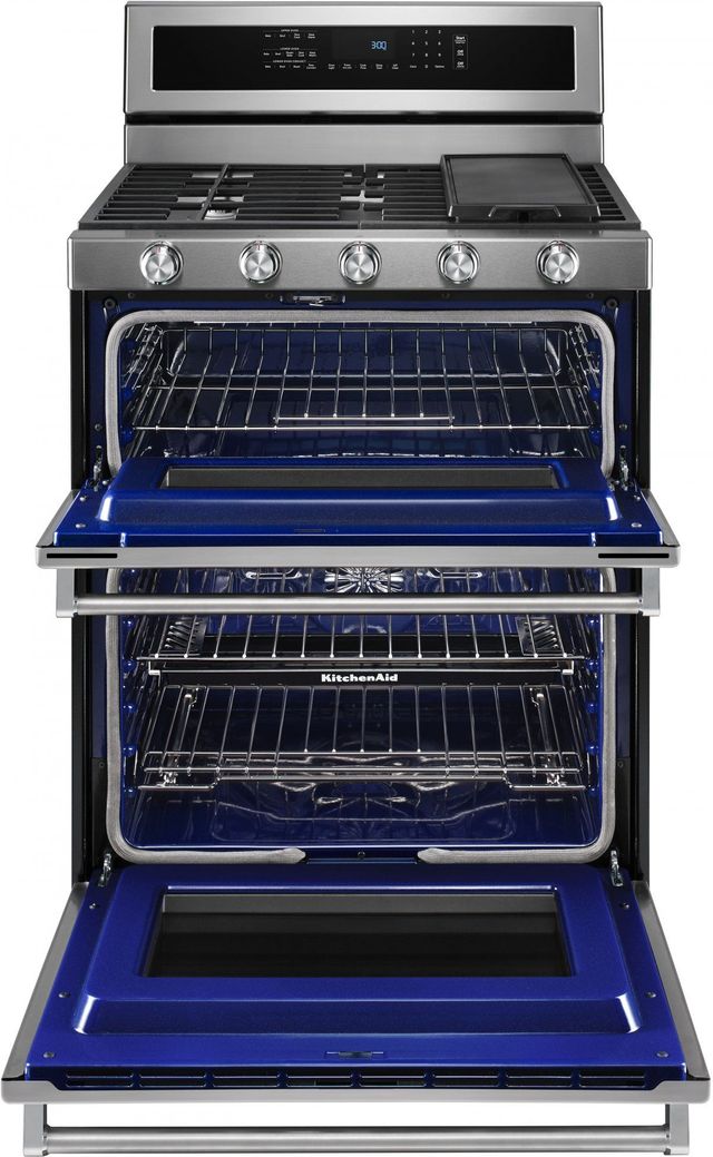 KitchenAid® 30" Stainless Steel Free Standing Dual Fuel Double Oven Range-KFDD500ESS-1