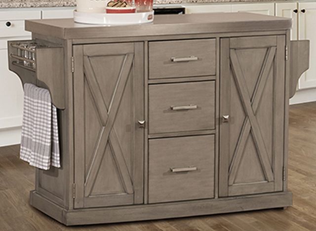 Hillsdale Furniture Brigham Distressed Gray Kitchen Island with Stainless Steel Top-0