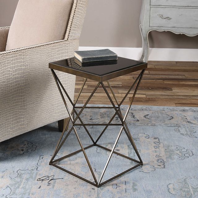 Uttermost® Uberto Black Glass Top Accent Table with Antique Bronze Base-1