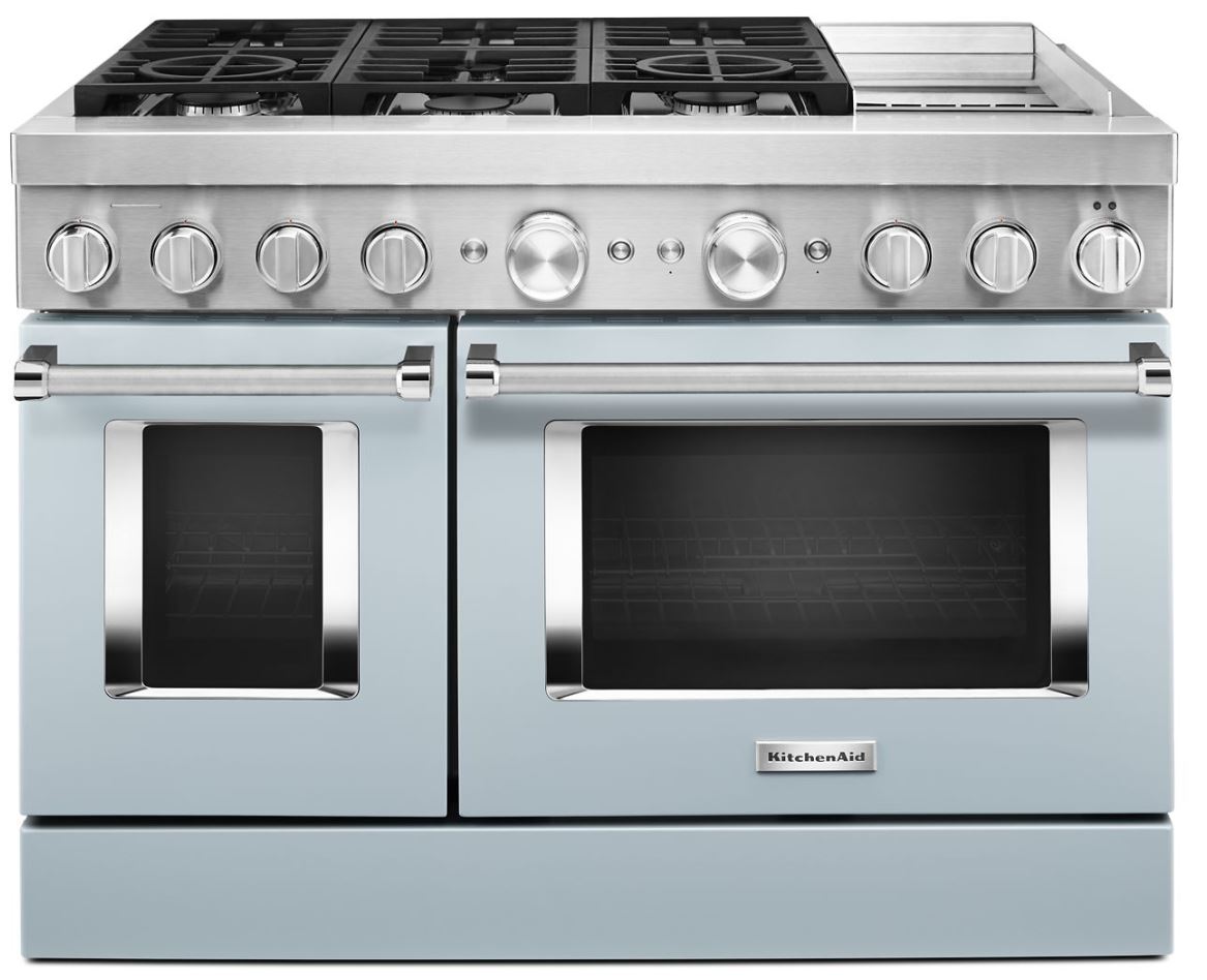 KitchenAid® 48" Misty Blue Commercial-Style Free Standing Dual Fuel Range with Griddle