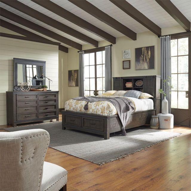 Liberty Furniture Thornwood Hills 3-Piece Rock Beaten Gray Queen Bookcase Bed Set 0
