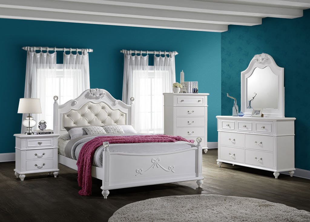 Elements International Alana Youth White Twin Bed, Dresser, Nightstand and Mirror
