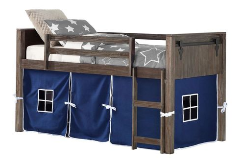 Donco Kids Barn Door Brushed Shadow Twin Low Loft Bed with Blue Tent Kit