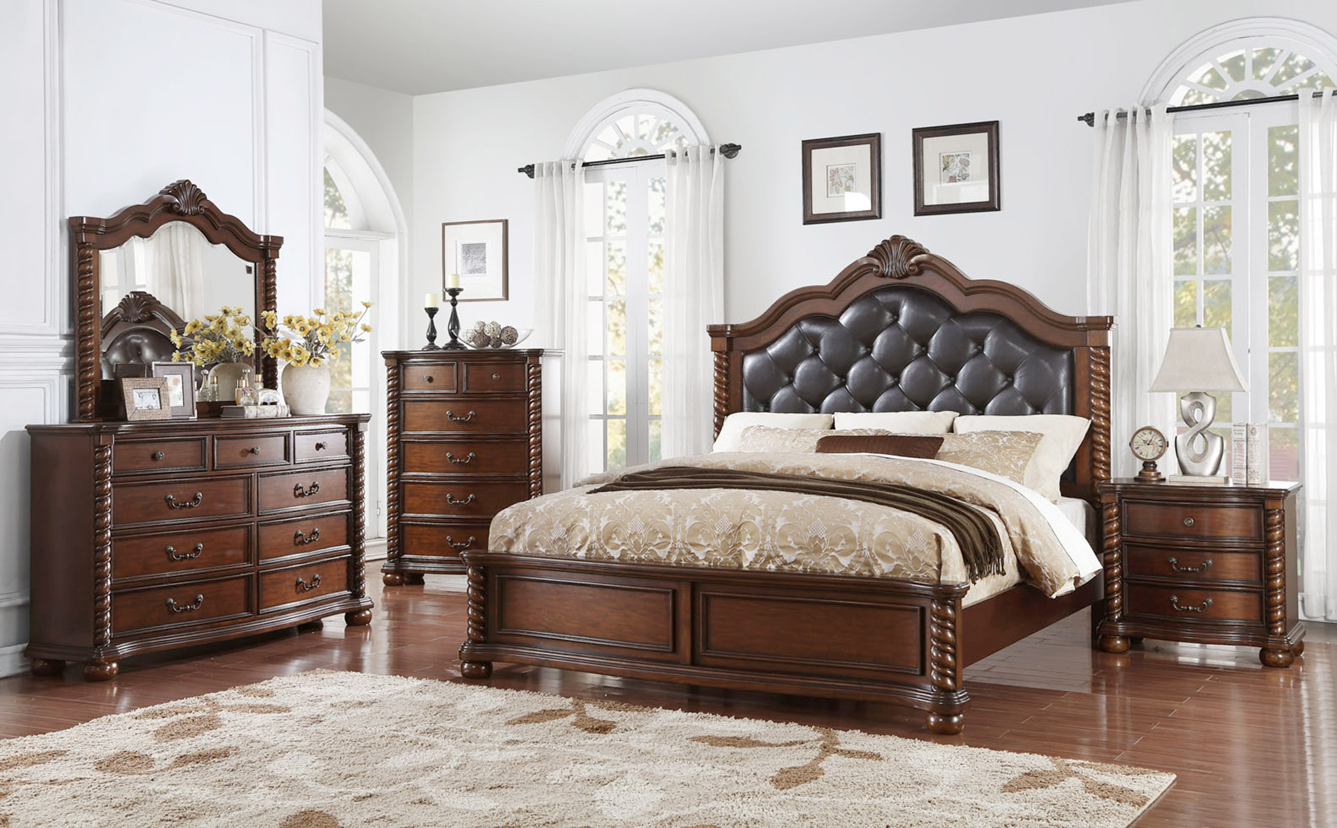 Austin Group Montarosa King Upholstered Bed, Dresser, Mirror & Nightstand