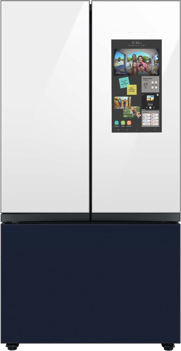 Samsung Bespoke 36 Inch Freestanding French Door Smart White Glass Refrigerator with 30 cu. ft. Total Capacity, Family Hub™ With Navy Panel