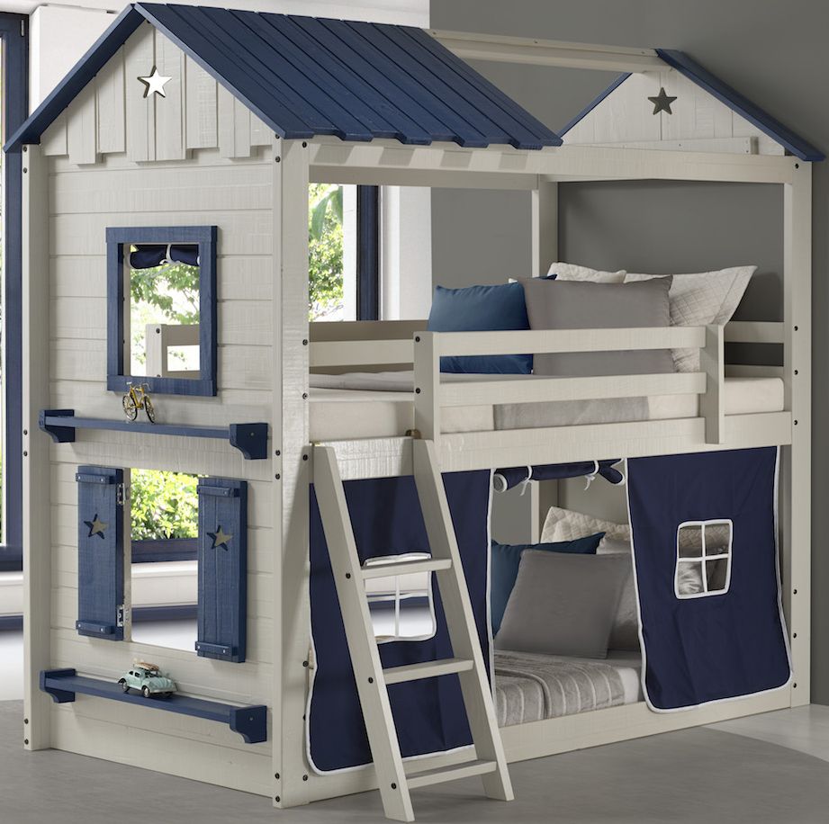 Donco Trading Company Light Gray and Blue Twin/Twin Star Gaze Bunk Bed With Blue Tent