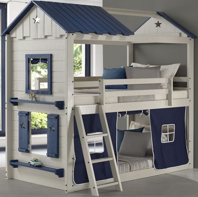 Donco Trading Company Light Gray and Blue Twin/Twin Star Gaze Bunk Bed With Blue Tent-0