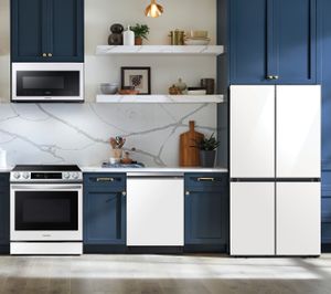 Samsung 5-Piece White Glass Kitchen Package with a 29 cu. ft. Smart Bespoke 4-Door Flex™ Refrigerator PLUS a FREE Countertop Ice Maker!