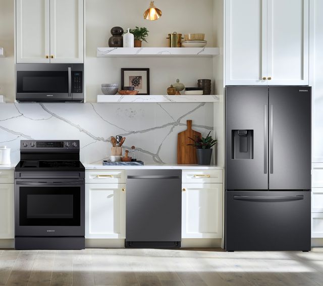 SAMSUNG 4 Piece Kitchen Package with a 27 Cu. Ft. Capacity French Door Refrigerator PLUS a FREE 10pc Luxury Cookware Set! ($800 Value)