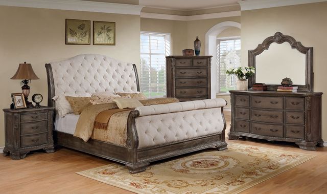 Crown Mark Sheffield Antique Grey Upholstered King Sleigh Bed | Adams ...