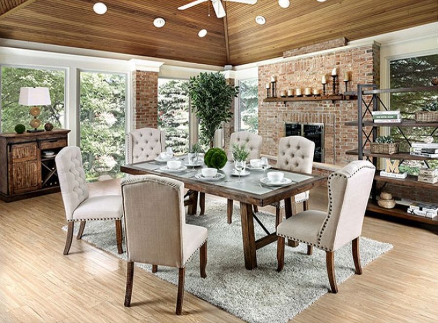 Furniture of America Gianna 9 Piece Ivory Rustic Oak Dining Set