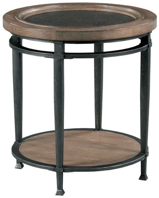 Hammary® Austin Antiqued Medium Brown Round End Table with Hammered Bronze Frame
