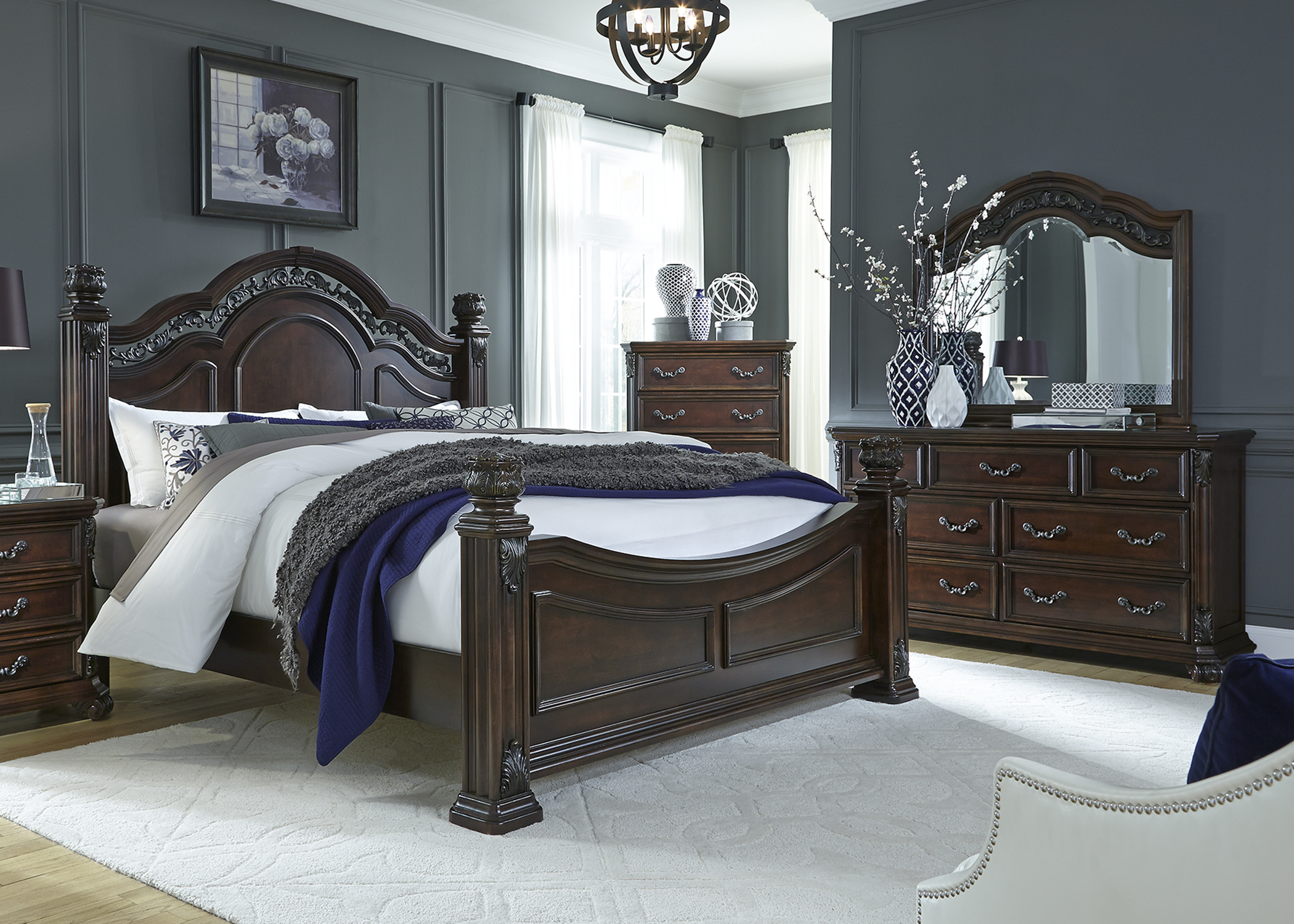 Liberty Furniture Messina Estates Bedroom King Poster Bed, Dresser, and Mirror Collection