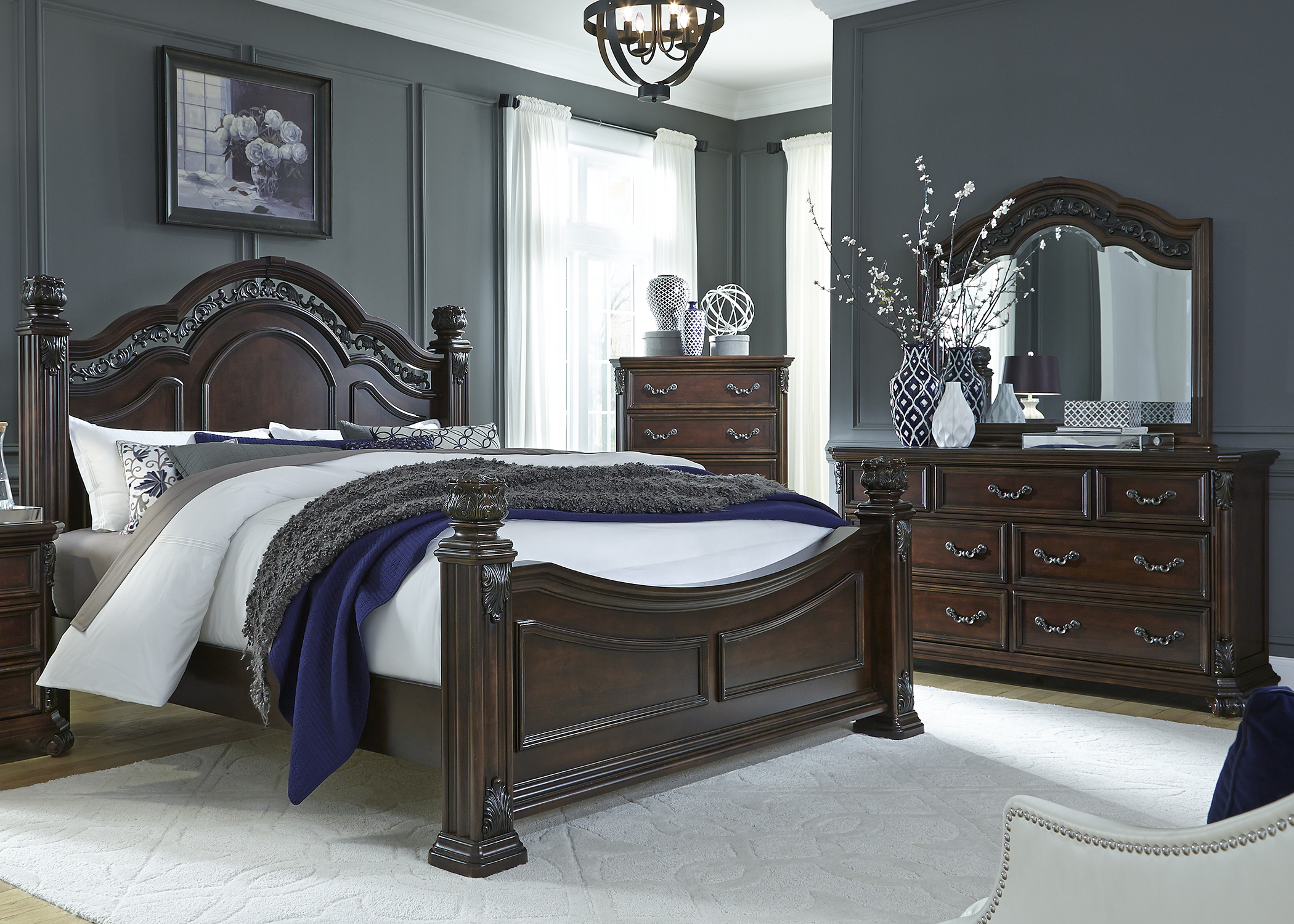 Liberty Furniture Messina Estates Bedroom King Poster Bed, Dresser, Mirror, and Chest Collection