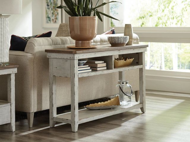 Hammary® Chambers Medium Brown Sofa Table With Chalk White Base 