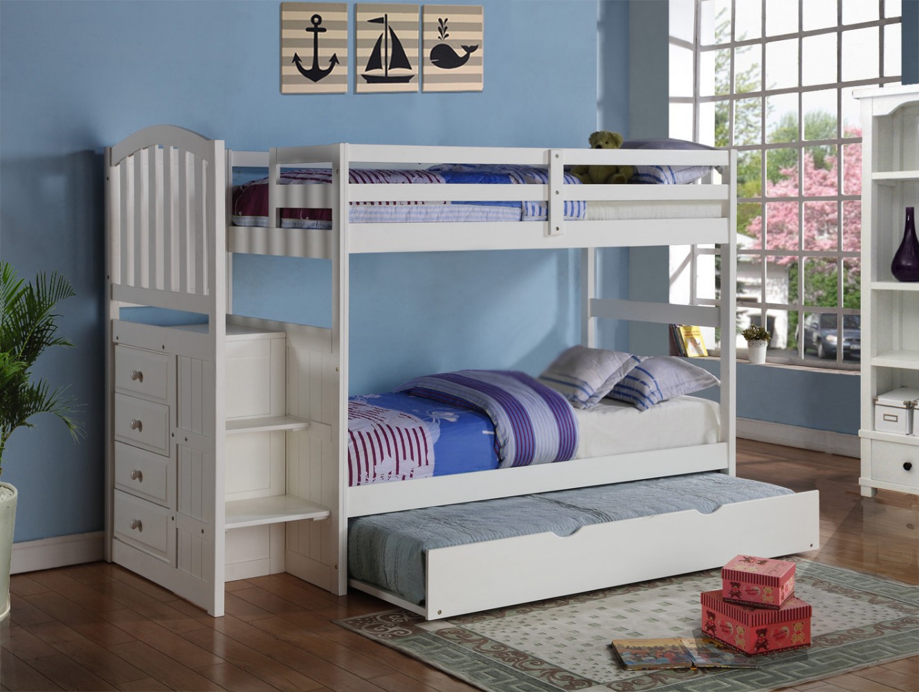 Donco Trading Company Youth White Twin/Full Arch Mission Stairway Bunk Bed with Trundle